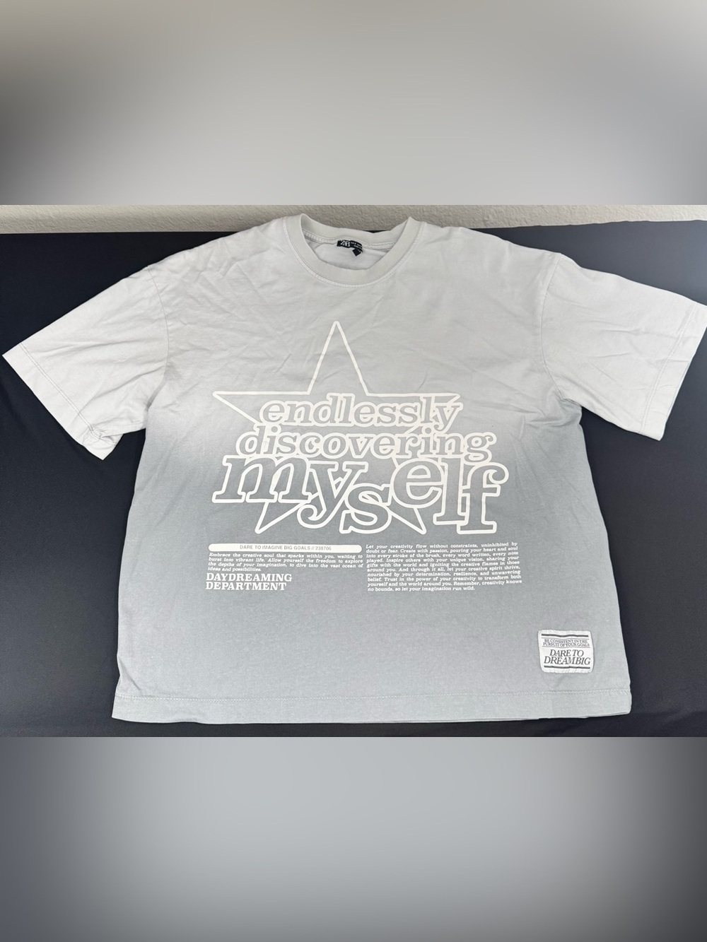Zara White/Gray Ombre Graphic Tee - "Endlessly Discovering Myself" NWOT Item #01